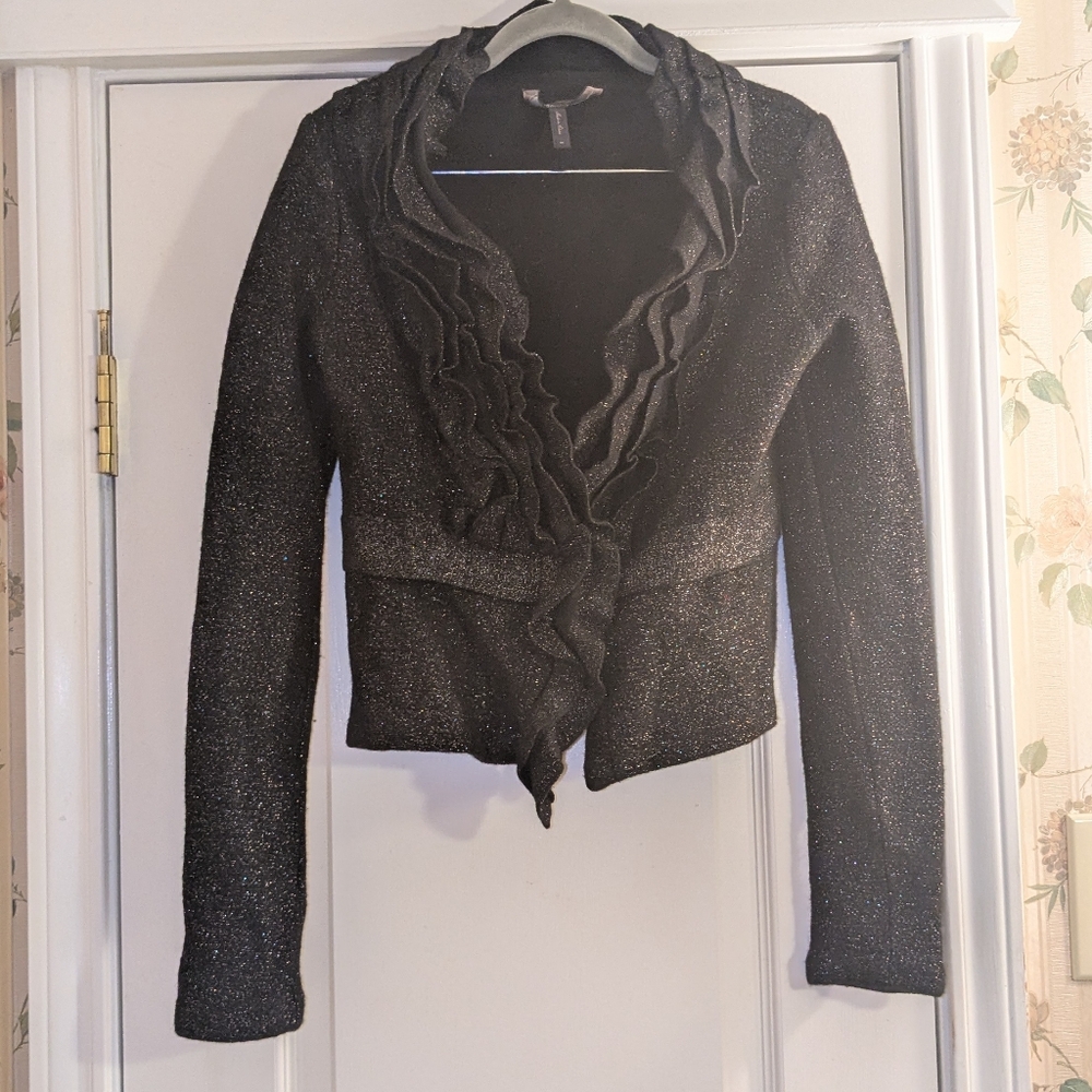 BCBGMAXAZRIA Women's Sz M 90% Black Wool W/Metallic Warm Blazer Jacket Cardigan